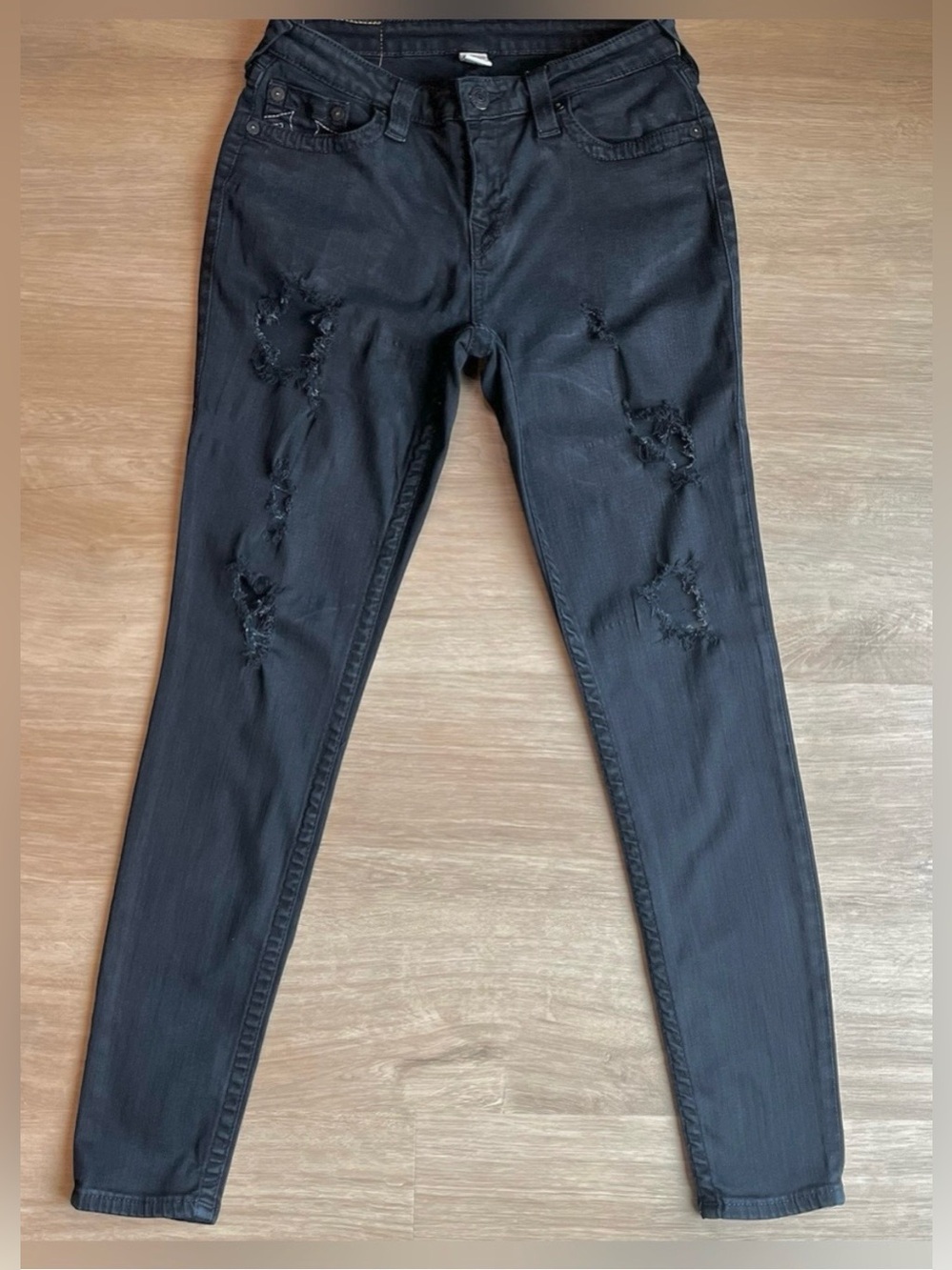 True Religion Curvy Skinny Ripped Distressed Black Jeans Size 29